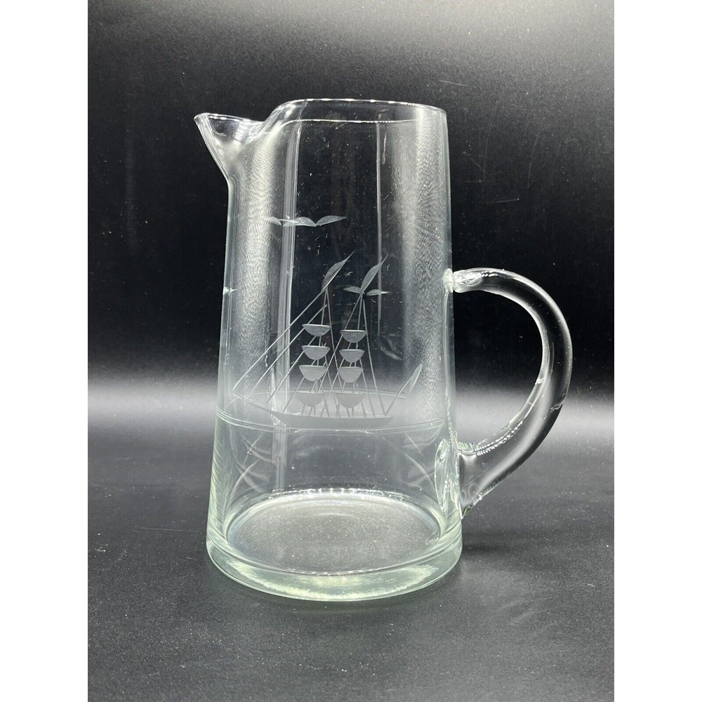 Javit Crystal Martini Pitcher 7" Clipper Ship Etched Nautical Leonard Sailboat